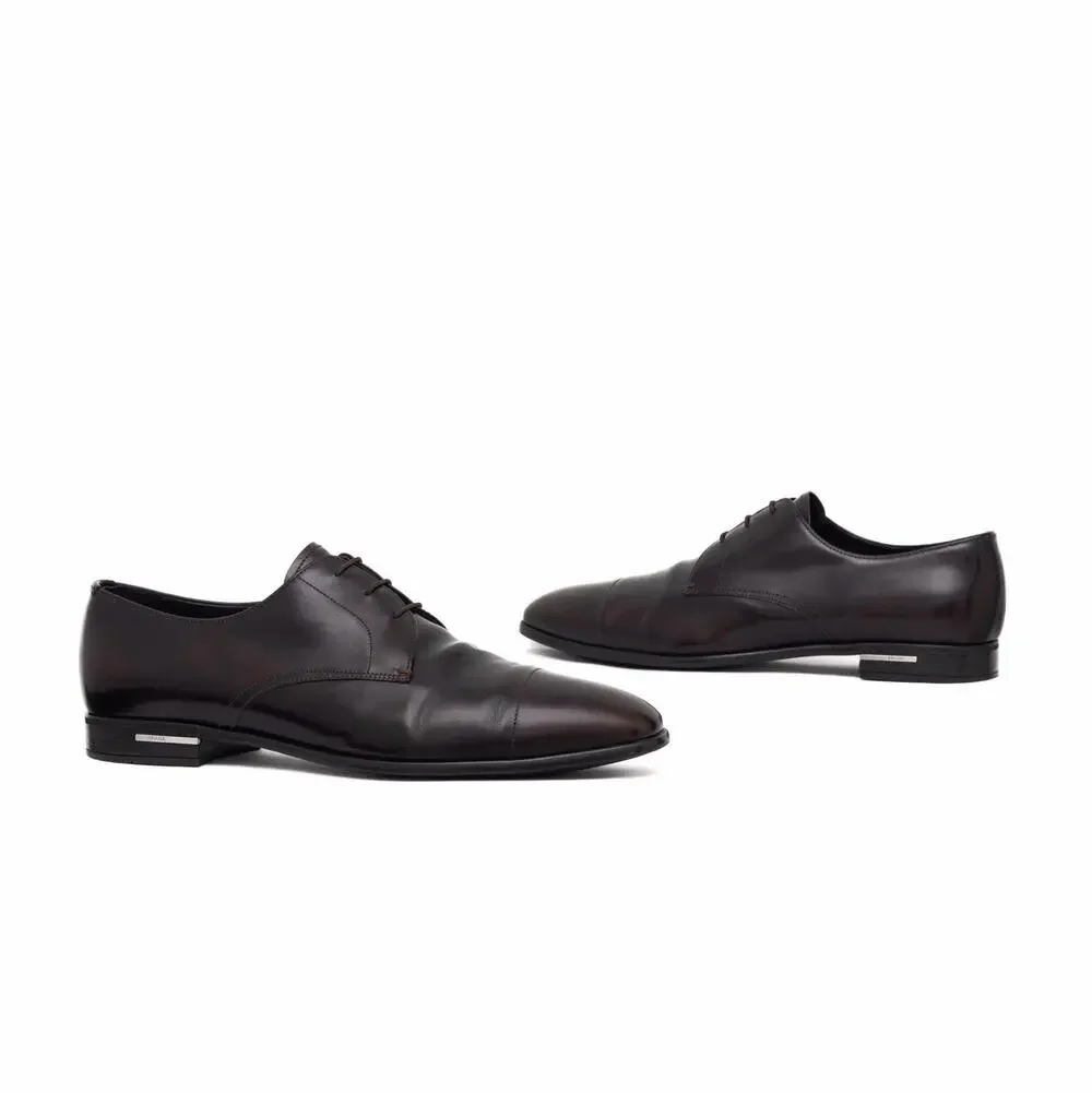 Prada Men's Brushed Leather Cap Toe Laced Up Oxford Dress Shoes Brown UK9 US10